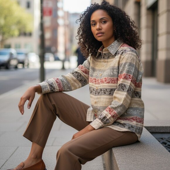 Alfred Dunner Womens Petite 8P Blazer Jacket Brown Rust Cream Fall Floral Stripe - Picture 1 of 15